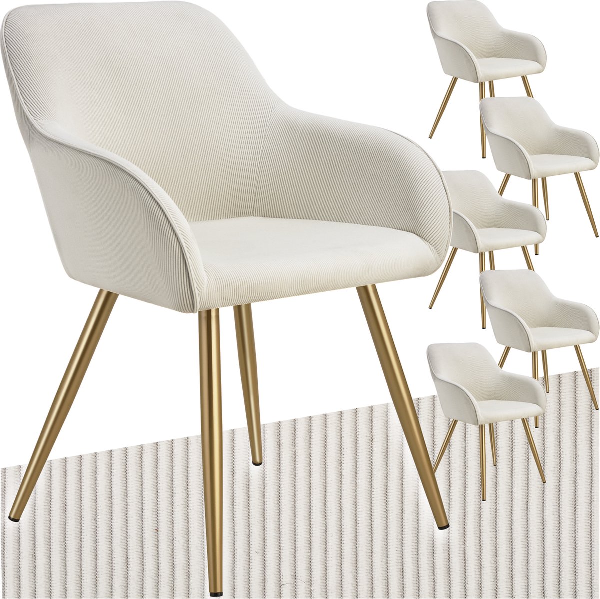 Tectake Eetkamerstoelen Marilyn - Set van 6 - Gestoffeerde Stoelen met Koordlook/ribstof - Gouden Stoelpoten - Ergonomische Keukenstoel - Stoel voor Eetkamer, Woonkamer, Slaapkamer - Creme creme goud