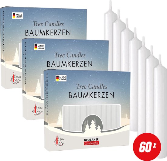 BRUBAKER 60 Stuks Boomkaarsen Was - Wit - Kerstkaarsen - Piramidekaarsen - Kerstboomkaarsen - 95/12.5 mm – Kaarsen - Kaarsjes