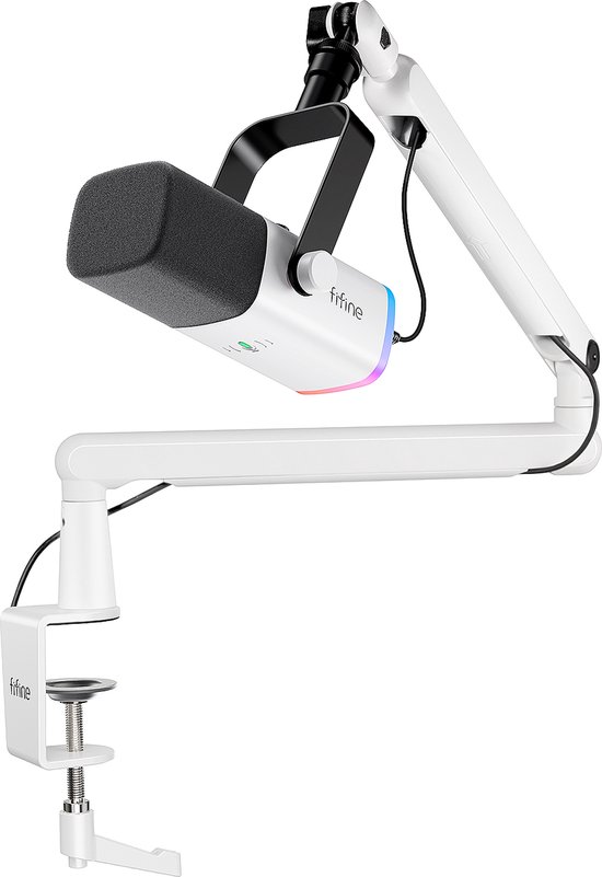 FIFINE - TAM8 - USB / XLR Studio microfoon - Flexibele Arm ( BM88 ) - Met kabelgoot - Geschikt voor PC/PS4/PS5 - RGB - Podcast - Gaming - Streaming - Wit