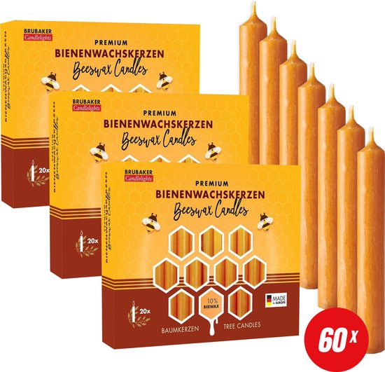 BRUBAKER 60 Stuks Boomkaarsen 10% Bijenwas - Kerstkaarsen - Piramidekaarsen - Kerstboomkaarsen - 95/12.5 mm – Kaarsen - Kaarsjes