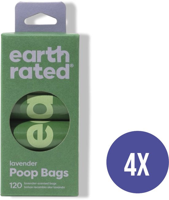 Groene verpakking met 'earth rated' logo, met zichtbare lavendel geur poepzakjes rollen. "Poop Bags 120"