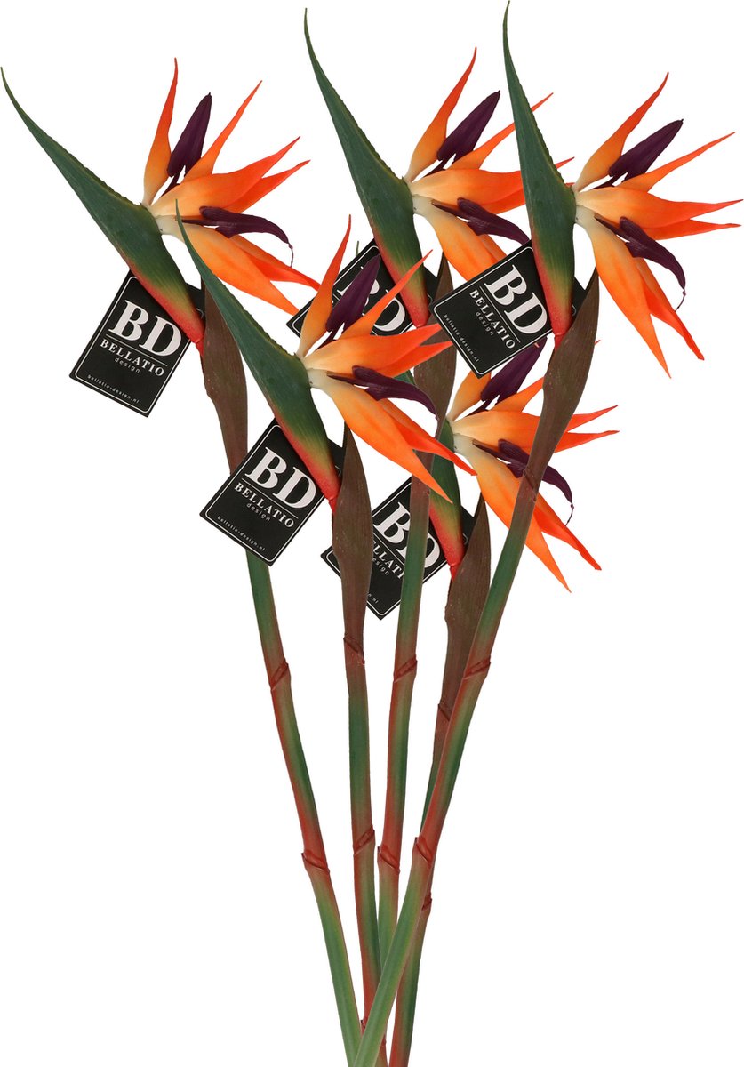 Bellatio Design Kunstbloem Strelitzia - 5x - 84 cm - losse steel - kunst zijdebloem - Paradijsvogelplant Oranje