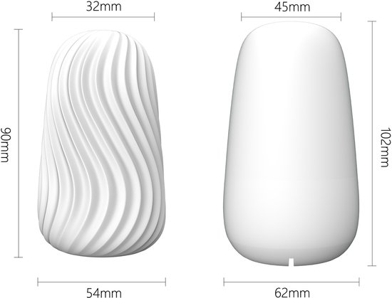 Afmetingen van twee witte producten. Een golvend ei van 90x54mm, een glad ei van 102x62mm.