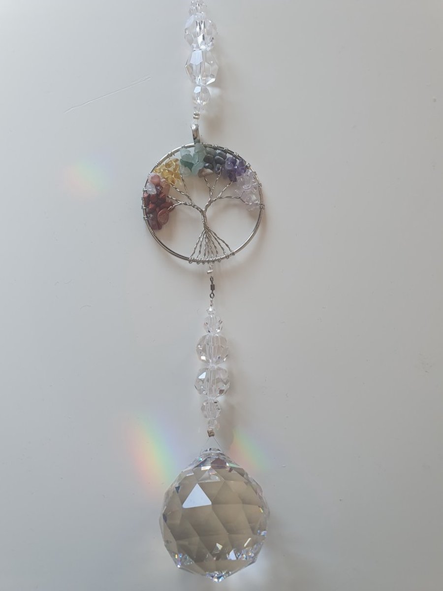 Tree of Life Raamhanger Xxl met een bol 40mm kristal van het merk Asfour, Tree of Life van halfedelstenen , Raamkristal , Regenboogkristal, spiritueel, hanger, raamdecoratie, raam versiering, geboorte, geschenk, kerst, kerstpakket, gouden driehoek