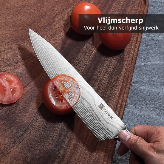 PAUDIN N1 Koksmes - Vlijmscherp Keukenmes - 20 cm Lemmet - Professioneel Japans Mes - Vleesmes - Damascus Patroon - Inclusief Knifeguard - Geschikt voor Groenten, Vlees, Fruit & Vis
