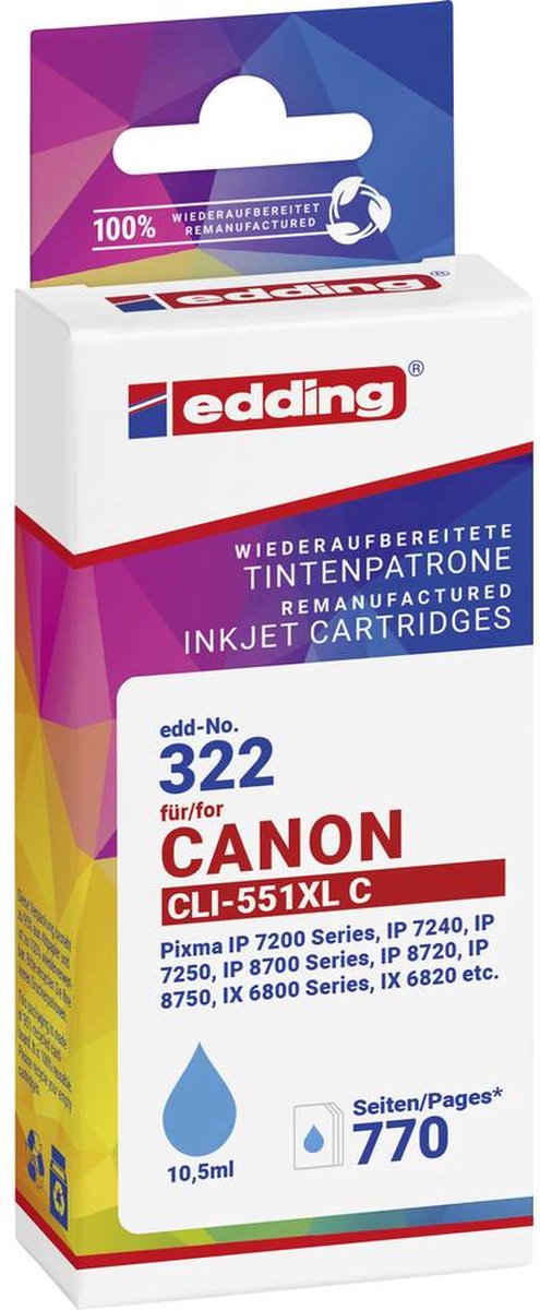 Edding Inktcartridge vervangt Canon CLI-551XL Compatibel Cyaan EDD-322 18-322-01