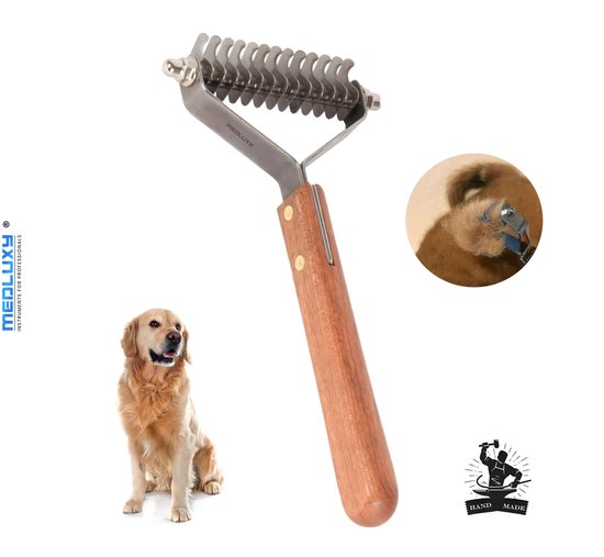 Medluxy - Pet - Ontwoller - 13 messen - 19x7x2cm - Bruin - Hand Made - Grof - RVS - Houten handgreep - ontklitter - hondenborstel kattenborstel - speed stripper - PC0614