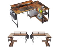 hoekbureau-L-vorm-120 x 80 x 88 cm-USB-oplaadpoort en stopcontact -gaming met rek-omkeerbaar-monitorrek voor kantoor-Bruin