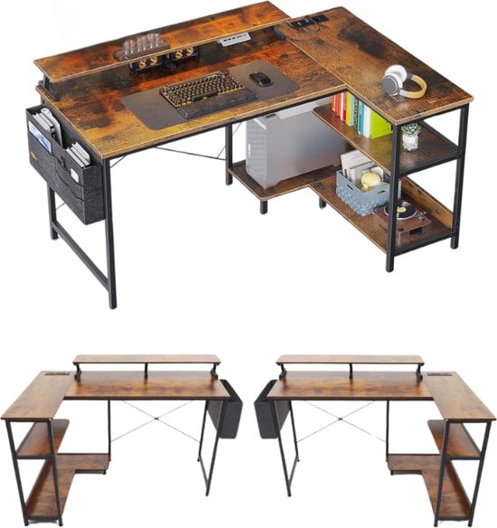YOLO SHOP®-hoekbureau-L-vorm-120 x 80 x 88 cm-USB-oplaadpoort en stopcontact -gaming met rek-omkeerbaar-monitorrek voor kantoor