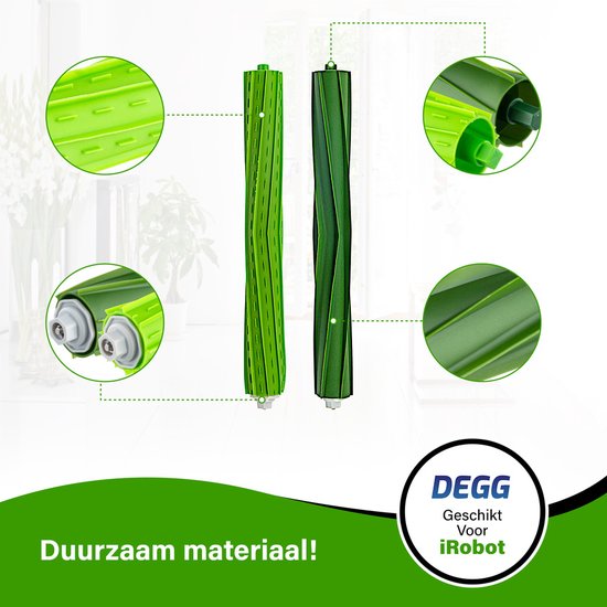 Close-ups van duurzame groene rollen voor iRobot Roomba, die de rubberen lamellen tonen.