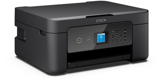 Zwarte Epson alles-in-één printer, schuin van voren gezien, met bedieningspaneel en papieruitvoer.