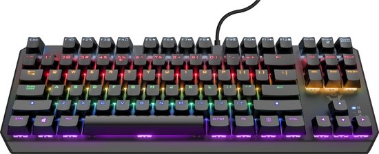 Zwart tenkeyless toetsenbord met gedimde RGB-verlichting.