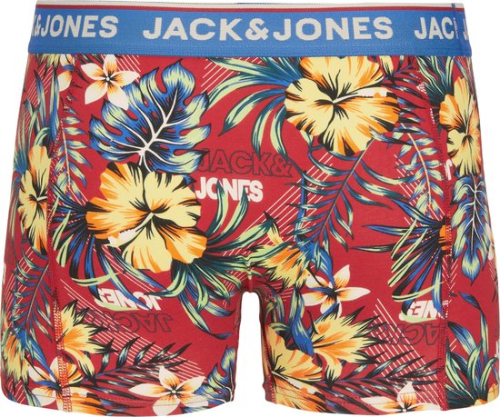Koraalrode boxershorts met tropische print van bloemen en bladeren. Blauwe band met 'JACK & JONES' logo.