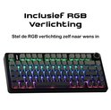 Zwart toetsenbord met grijze toetsen en felgekleurde RGB-verlichting.