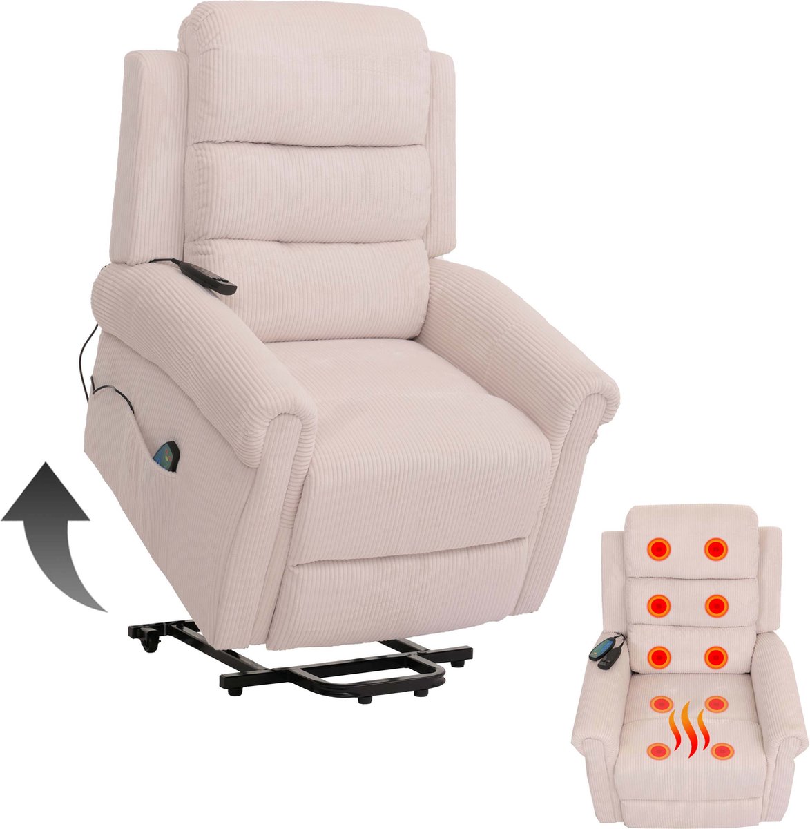 Cosmo Casa Relaxfauteuil - TV Fauteuil met Verstelbare Functie - Opstaand Hulp - Massage- en Verwarmfunctie - Cord Stof (220g/m²) - Crème-Wit