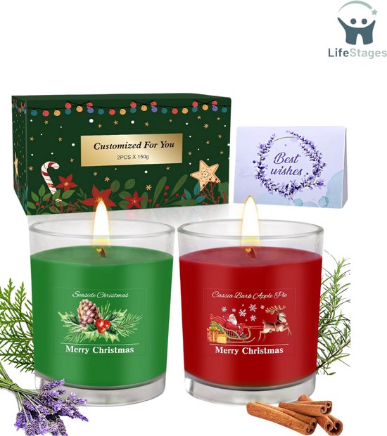 LifeStages - Adventskaars - Kerst Aromatherapie - Geurkaars in Glas, 2 x 150 g - Kerstkaars Natuurlijke Noja Kaarsen - Geurkaars Cadeauset - Voor - Vrouwen - Moeder - En - Mannen - Verjaardagscadeau - 80 Uur Brandtijd - Rood/Groen