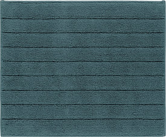 Blauwe badmat met horizontale ribbels.