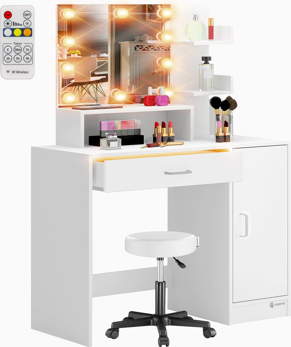 Casaria Make up Tafel Jocelyn - LED Kruk Lade 140x90x40cm - Wit