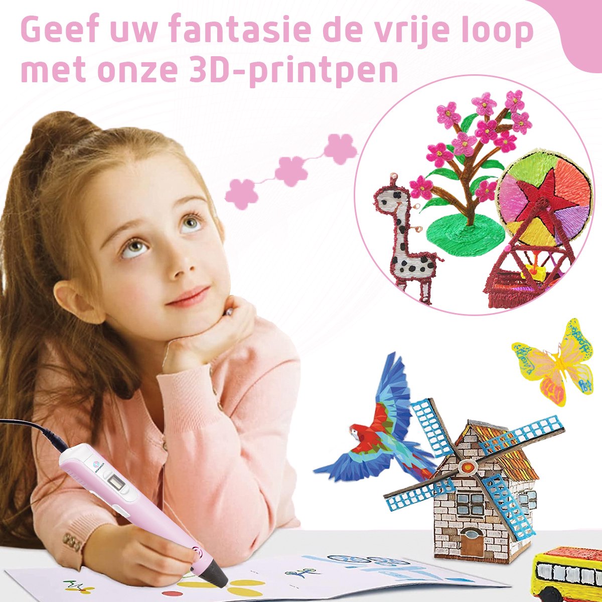 Fleau Kids 3D Pen Starterspakket Roze XL - 75m Filament - 15 Kleuren Vullingen + Vele Extra's - 2025 USB-C Model - Knutselen en Tekenen - 3D Printen - Tekenset — afbeelding 8