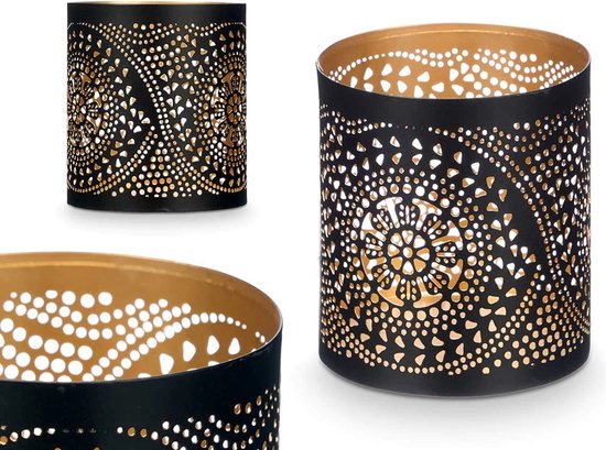 Bougeoir - Photophore - Lumière d'ambiance - Spirale - Zwart avec or - Métal - 9x9x10cm