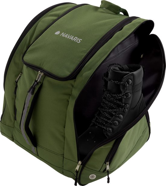 Navaris wintersport ski rugzak - Met 2 vakken voor je skischoenen - 46 x 40 x 38 cm - Met ventilatie - Waterbestendig materiaal - Skischoentas - Groen