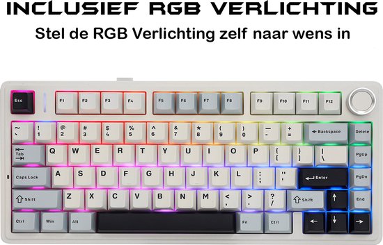 Wit mechanisch toetsenbord met verlichte toetsen in verschillende kleuren. RGB-verlichting aan de onderkant.