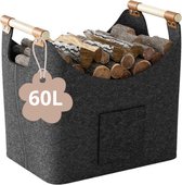 Houtmand voor haardhout - 60L - Houten mand voor haardhout - Dik vilt - Grote vilten tas - Houten handvat - Opbergmand voor boodschappen kranten - Donkergrijs