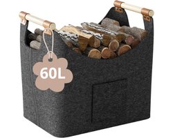Houtmand voor haardhout - 60L - Houten mand voor haardhout - Dik vilt - Grote vilten tas - Houten handvat - Opbergmand voor boodschappen kranten - Donkergrijs