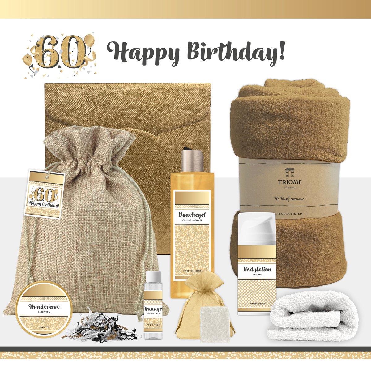 Goedkoopste Geschenkset “60 Jaar Happy Birthday!” - 8 producten - 1090 gram | Cadeau Vrouw zestig jaar - Luxe wellness cadeaubox - Giftset voor Haar - Gefeliciteerd Gift Set - Verjaardag Pakket Vrouw - Geschenk - Cadeaupakket Feestje - Verjaardagscadeau - Goud