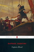 De kaft van Captain Blood toont een schilderij van een man die geblinddoekt op een scheepsdek staat, met een bemanning eromheen.