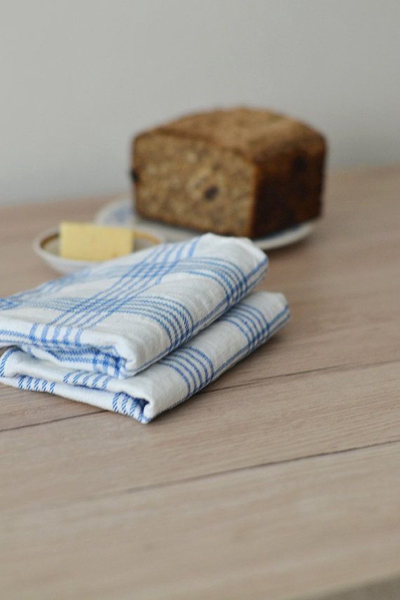 Theedoek Set van 4 Stuks, Blauwe Ruit, Santens, Belgisch Fabricaat!