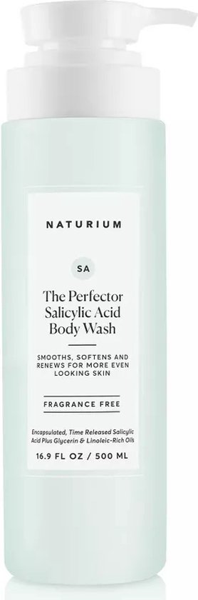 Lichtgroene fles met witte pompdispenser, met het label 'The Perfector Salicylic Acid Body Wash'.
