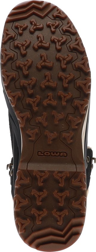 Zool van zwarte wandelschoen met bruin profiel en het Lowa logo.