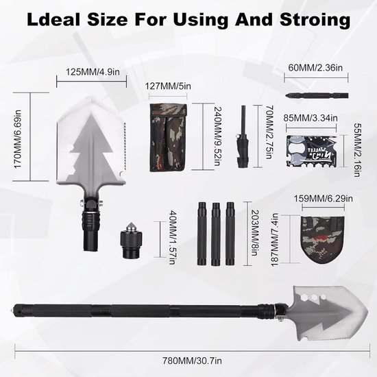 Opvouwbare schep, 78 cm, zwart/zilver, roestvrij staal en aluminium, opvouwbaar, multifunctioneel, 3 lengtecombinaties, kamperen, wandelen, jagen, tuinieren van Merkloos	 — afbeelding 2