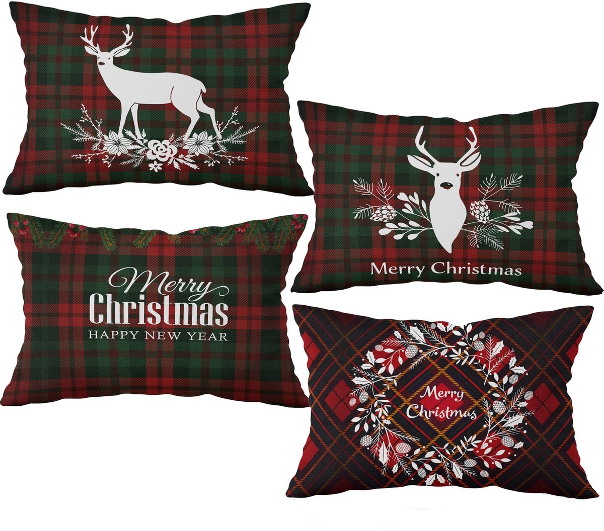 De Groen Home Velvet Kussenhoes set van 4 - 30x50 - Merry Christmas Kerst - Aan beide zijdig bedrukt Donkerrood