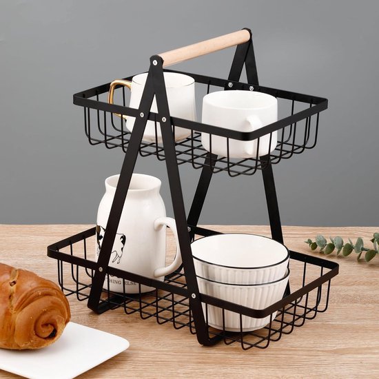 GILLAS Fruitmand met 3 niveaus met 2 bananenhangers voor de keuken, afneembare metalen organizer voor brood, groenten, fruit met houten handvat, rechthoekige opbergschalen groot