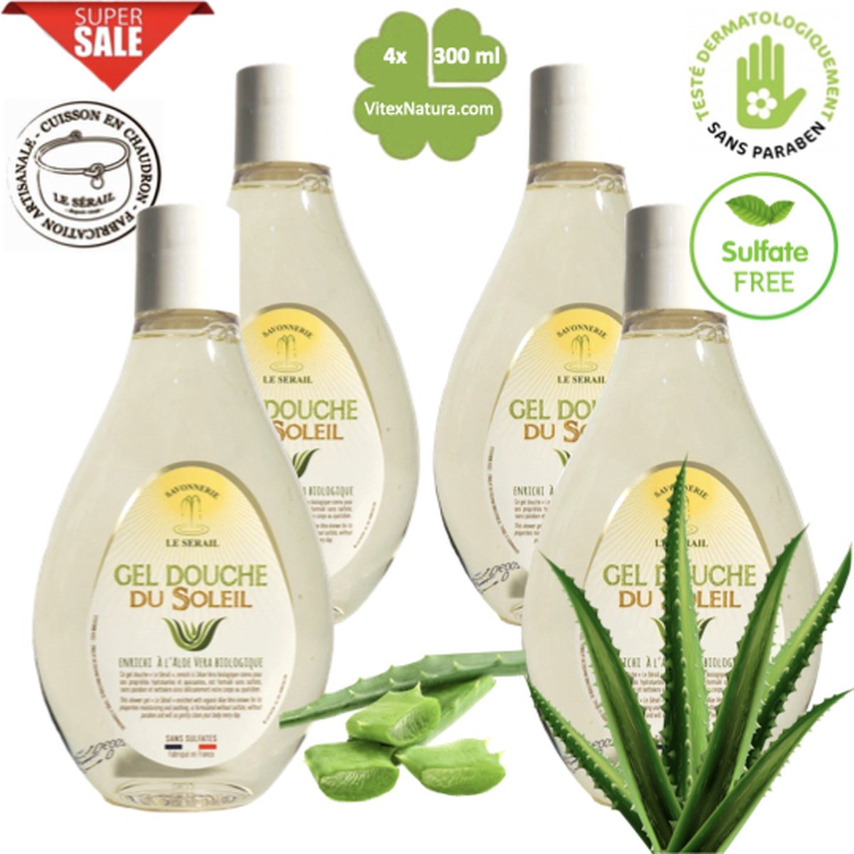 Sulfaatvrije douchegel | 4x300ml | biologische Aloë vera | Le Sérail | Franse Marseillezeep Ambacht