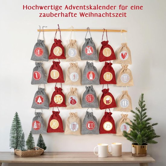 DAHI Jute Zakjes - 5 Stuks 30x40 Cm, Rood, Met Trekkoord - Perfect Voor Advent, Bruiloft En Feestjes