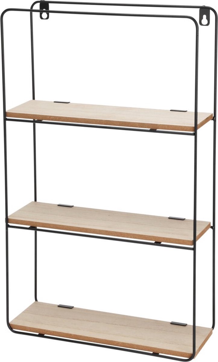 In & Out Deco Wandrek industrieel - metaal zwart - 3 houten plankjes - Afmeting 30x10x50cm