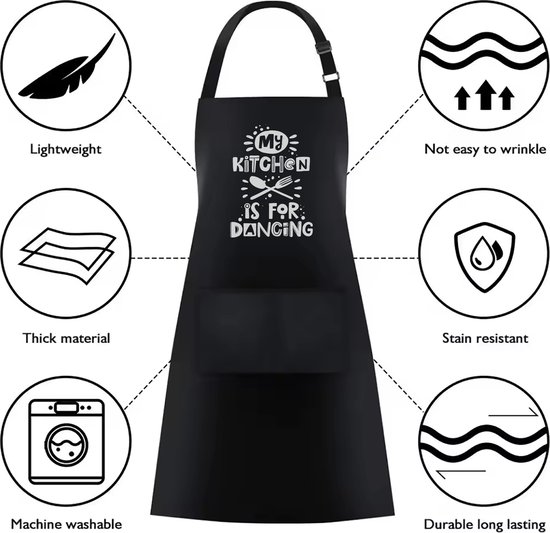 Verstelbaar kookschort, unisex, met 2 Zakken Vloeistof Druppel Waterbestendig Koken Keuken Restaurant Bar Schilderen BBQSchort, voor diverse doeleinden, Zwart Schorten Koksschort Unisex Schorten voor Vrouwen en mannen , my kitchen. is for. dancing