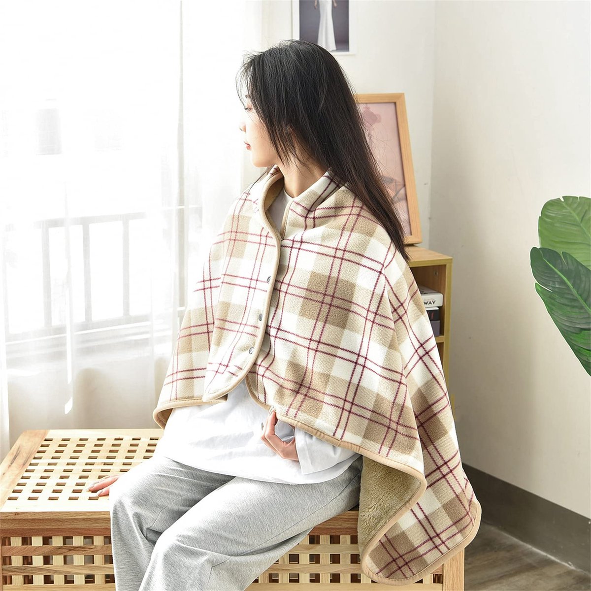 JGS ® Draagbare Fleece Poncho Deken met Stijlvolle Geruite Patroon voor Comfort en Warmte