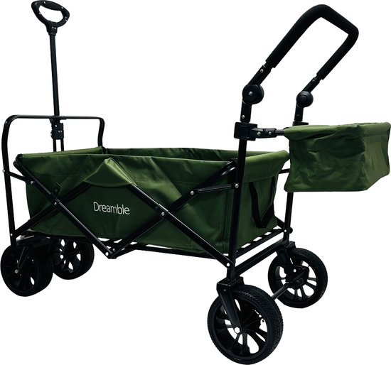 Dreamble® | Bolderkar | Groen | Tot 140KG | 120L | Trek en duwfunctie | Dikke zachte vloermat - voor kinderen | Extra grote wielen Ø20cm | Extra opbergruimte | 130x110(LxH) | 2 pockets buiten,1 pocket binnenin met rits | Voetrem | Beschermhoes — afbeelding 2