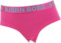 Fuchsia hipster met blauw logo op de tailleband.