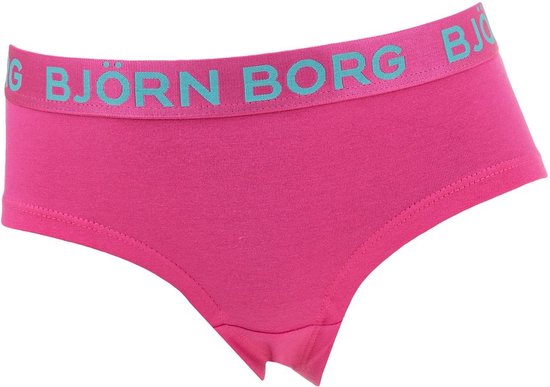 Fuchsia hipster met blauw logo op de tailleband.