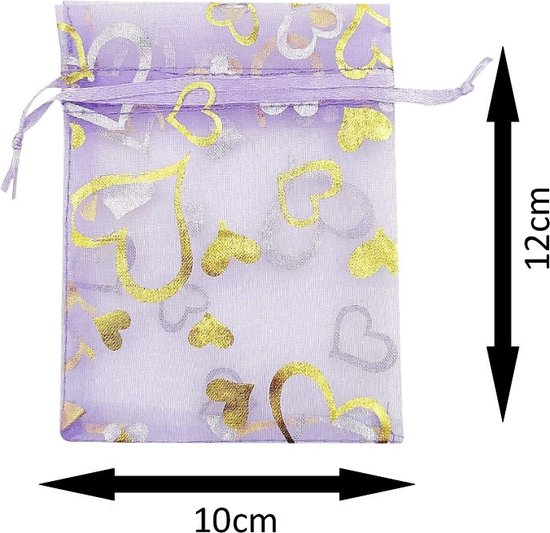 Fako Bijoux® - Sacs Organza - 10x12cm - Sacs de Fête - Sacs à Bonbons - Sacs Cadeaux - Sacs à Bijoux - Coeur Violet - 50 Pièces