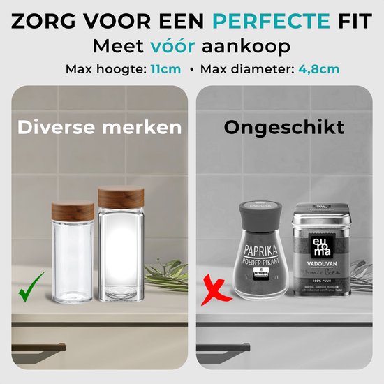 Illustratie die de maximale afmetingen van kruidenpotjes voor het rek aangeeft: 11cm hoog, 4.8cm diameter.