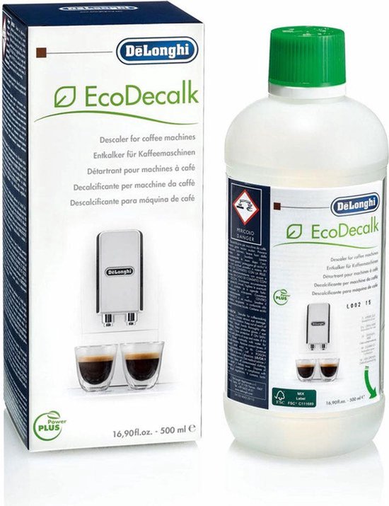 Doos en fles De'Longhi EcoDecalk ontkalker met afbeelding van koffiemachine en espresso's.