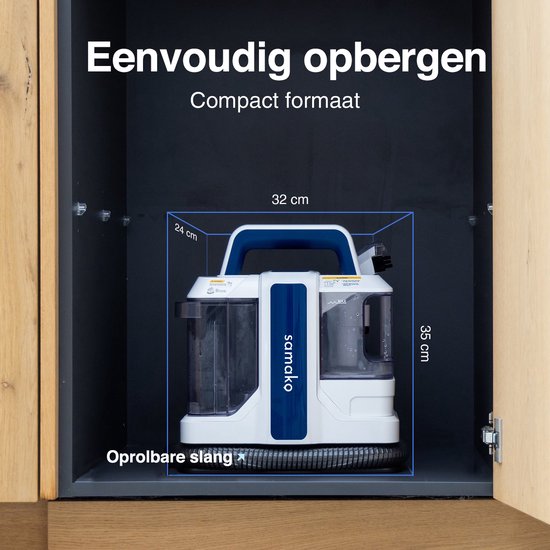 Samako reiniger in een kast met de afmetingen 32 cm breed, 35 cm hoog en 24 cm diep. Met oprolbare slang.