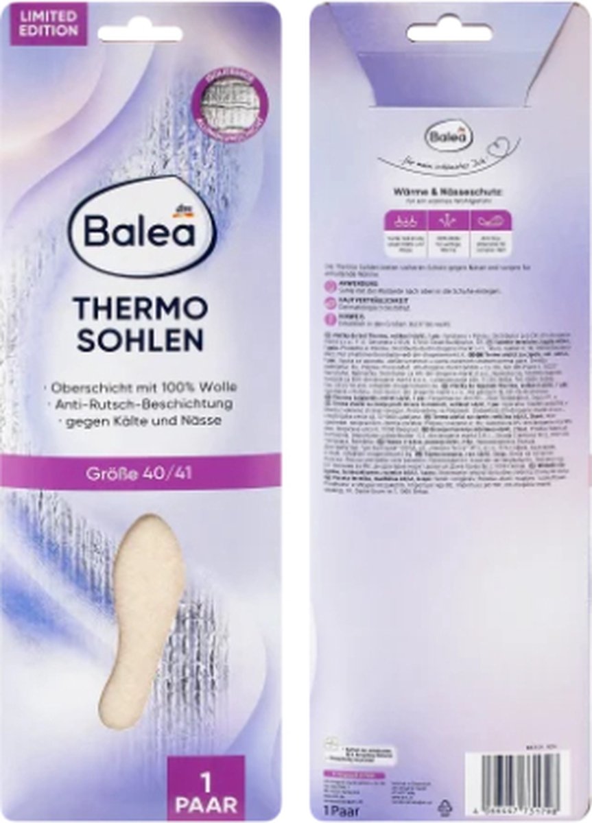 Balea Thermozolen - Maat 40/41 - 1 paar thermo-inlegzooltjes | 100% Wol - Anti-Sliplaag - Beschermt tegen kou en nattigheid