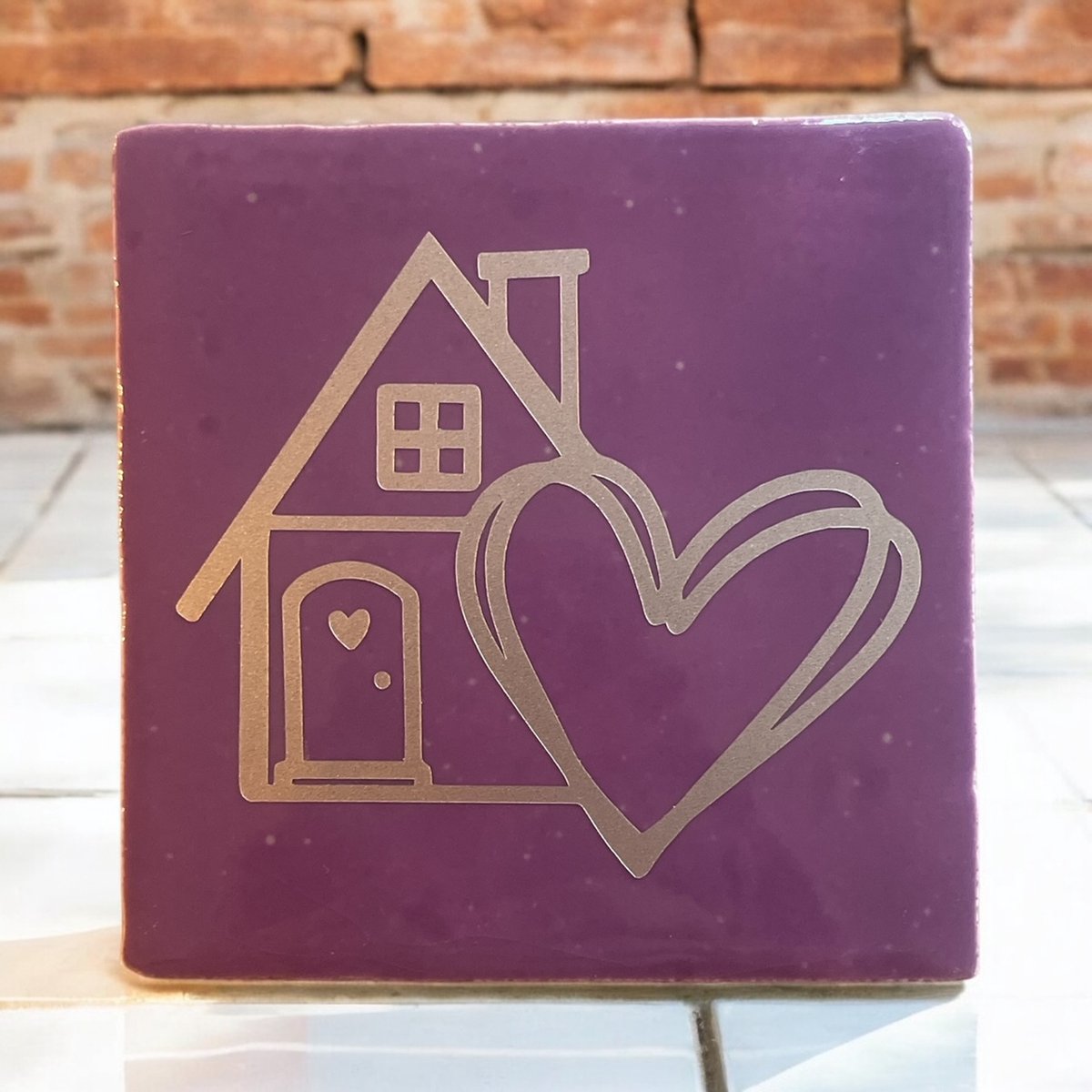 Hip Tegeltje met afbeelding-Huisje-Paars-Afbeelding-Cadeau-Kado-Geschenk-Gift-Sint-Kerst-Zomaar-Verjaardag